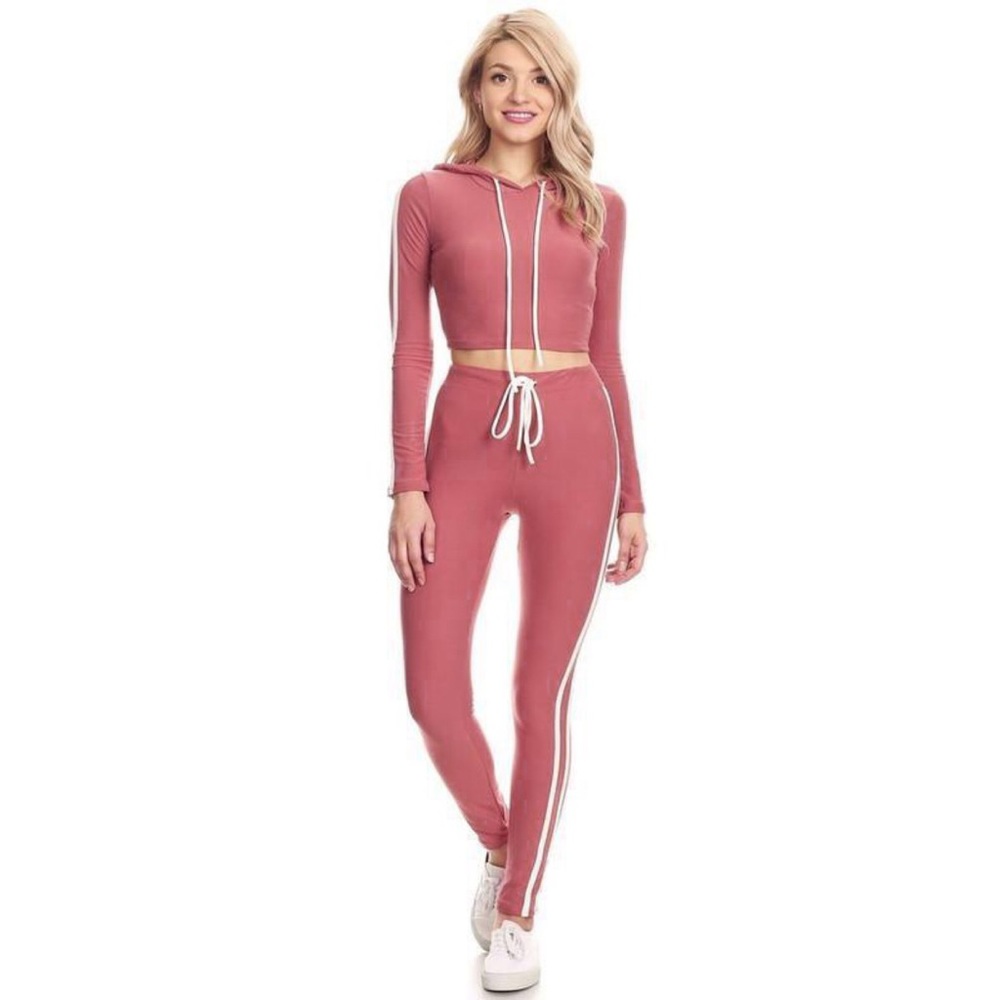 2 Piece Mauve Tracksuit Leggings Cropped Hoodie - Picture 2 of 3
